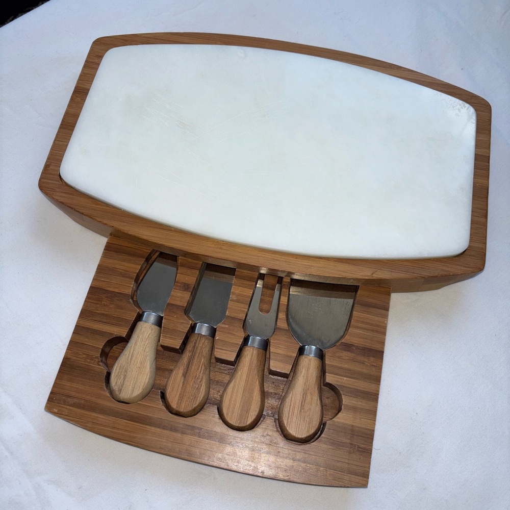 Bamboo & Marble Top Cheese Board with Knives